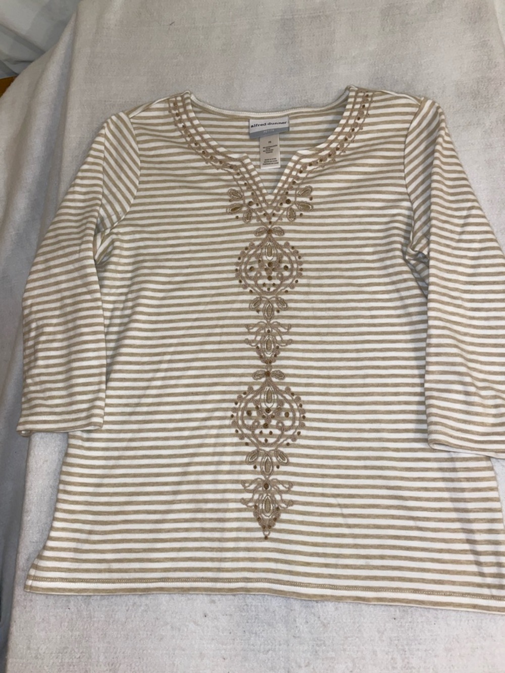Alfred Dunner Cream & Beige Striped V-Neck Top with Front Embroidery